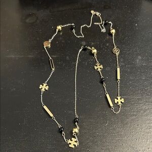 Tory Burch- Elegant Gold and Black Logo Necklace, 24”